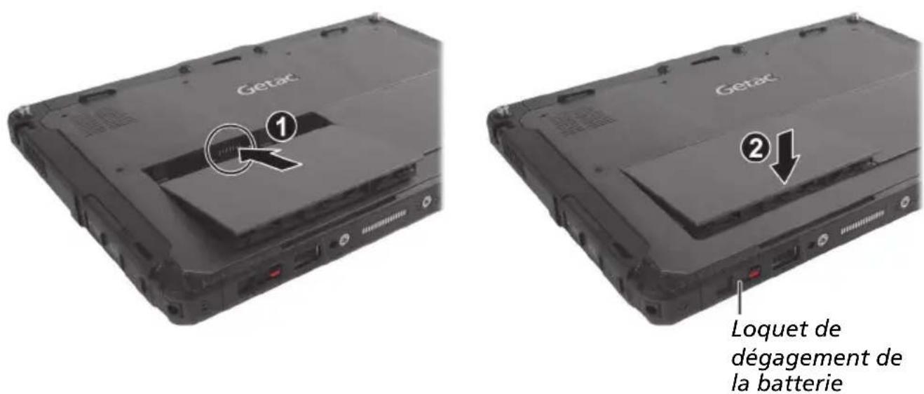 Getac ① ② Loquet de dégagement de la batterie