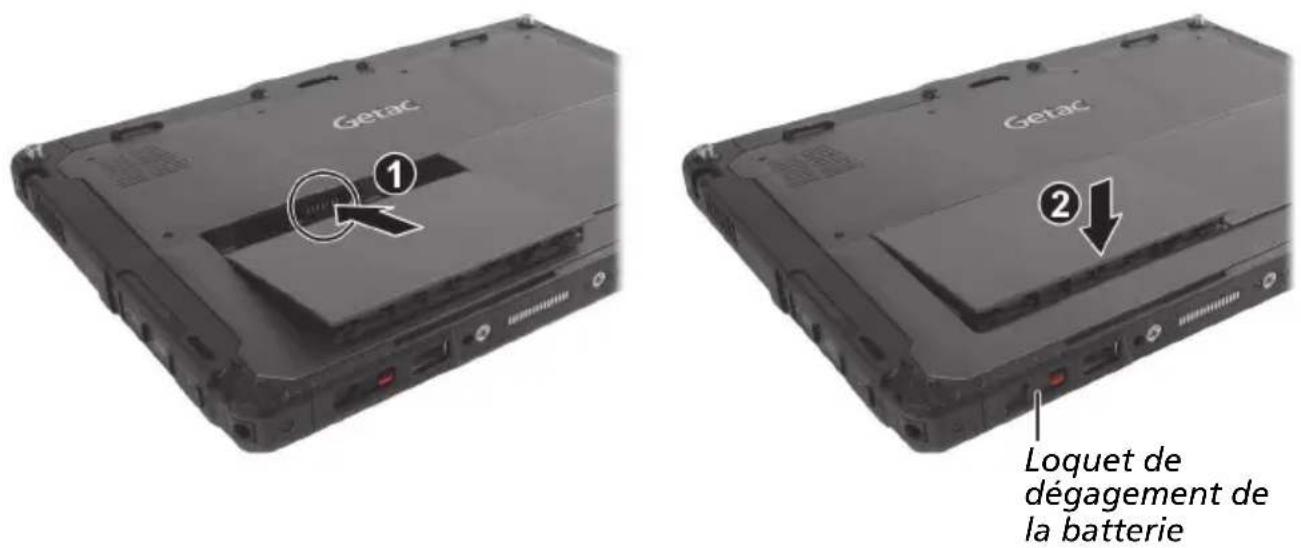 Getac ① ② Loquet de dégagement de la batterie