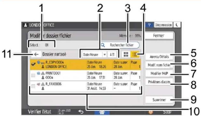 LONDON OFFICE Modifier dossier/fichier Mérôme : 99% SÉLECT : 01 Rechercher fichier Dossier partagé Date/Heure 5 Aperçu/Détails 6 Modif. nom fichie 7 Modifier MdP 8 Privilèges d'accès 9 Supprimer 10 Vérifier l'état 25 Jan. 2023 18:51 STOP