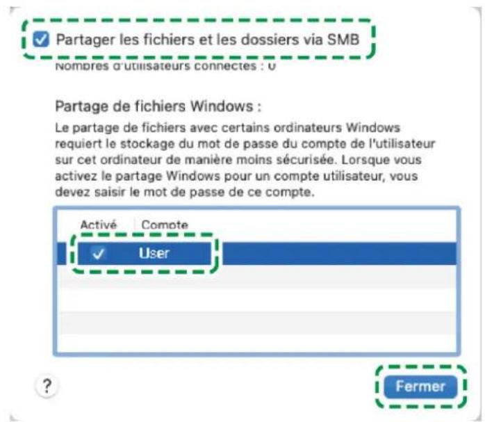 Partager les fichiers et les dossiers via SMB Nombres d'utilisateurs connectes : 0 Partage de fichiers Windows : Le partage de fichiers avec certains ordinateurs Windows requiert le stockage du mot de passe du compte de l'utilisateur sur cet ordinateur de manière moins sécurisée. Lorsque vous activez le partage Windows pour un compte utilisateur, vous devez saisir le mot de passe de ce compte. Activé Compte User Fermer