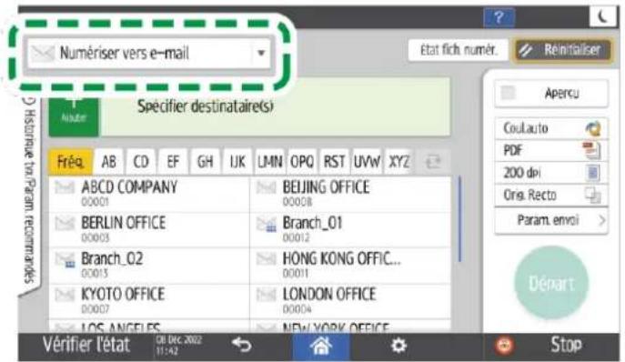 Numériser vers e-mail État fich numér. Reinitialiser Spéfifier destinataire(s) Fréq AB CD EF GH IJK LMN OPQ RST UWV XYZ ABCD COMPANY 00003 BEIJING OFFICE 00008 BERLIN OFFICE 00003 Branch_01 00012 Branch_02 00015 HONG KONG OFFIC... 00011 KYOTO OFFICE 00007 LONDON OFFICE 00004 LOS ANGELES NEW YORK OFFICE Vérifier l'état CB DEC 2022 11:42 Stop