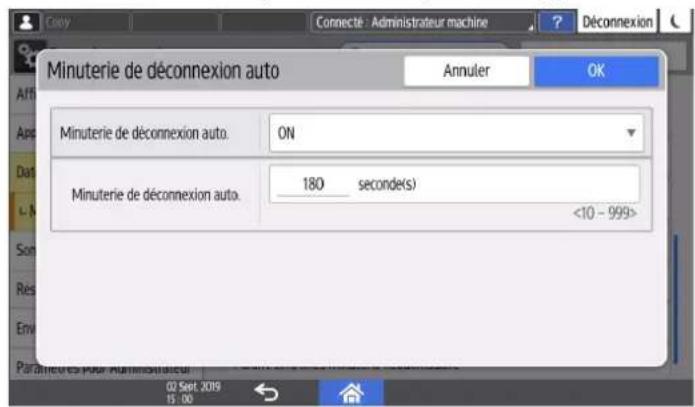 Copy Connecté : Administrateur machine Déconnexion Minuterie de déconnexion auto Annuler OK Minuterie de déconnexion auto. ON Minuterie de déconnexion auto. 180 seconde(s) <10 - 999>