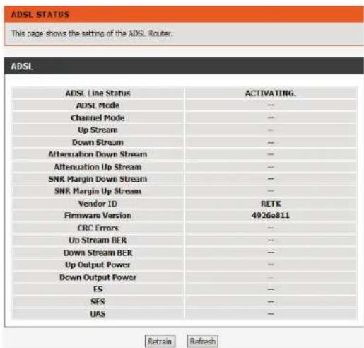 ADSL. STATUS This page shows the setting of the ADSL. Router. ADSL ADSL Line Status ACTIVATING. ADSL Mode -- Channel Mode -- Up Stream -- Down Stream -- Attenuation Down Stream -- Attenuation Up Stream -- SNR Margin Down Stream -- SNR Margin Up Stream -- Vendor ID RETK Firmware Version 4926a811 CRC Errors -- Up Stream BER -- Down Stream BER -- Up Output Power -- Down Output Power -- ES -- SES -- UAS -- Retrain Refresh