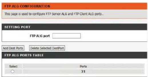 FTP ALG CONFIGURATION This page is used to configure FTP Server ALG and FTP Client ALG ports. SETTING PORT FTP ALG port Add Dest Ports Delete Selected DestPort FTP ALG PORTS TABLE Select Ports ○ 21