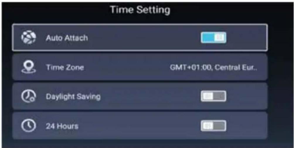 Time Setting Auto Attach Time Zone GMT+01:00, Central Eur.. Daylight Saving 24 Hours