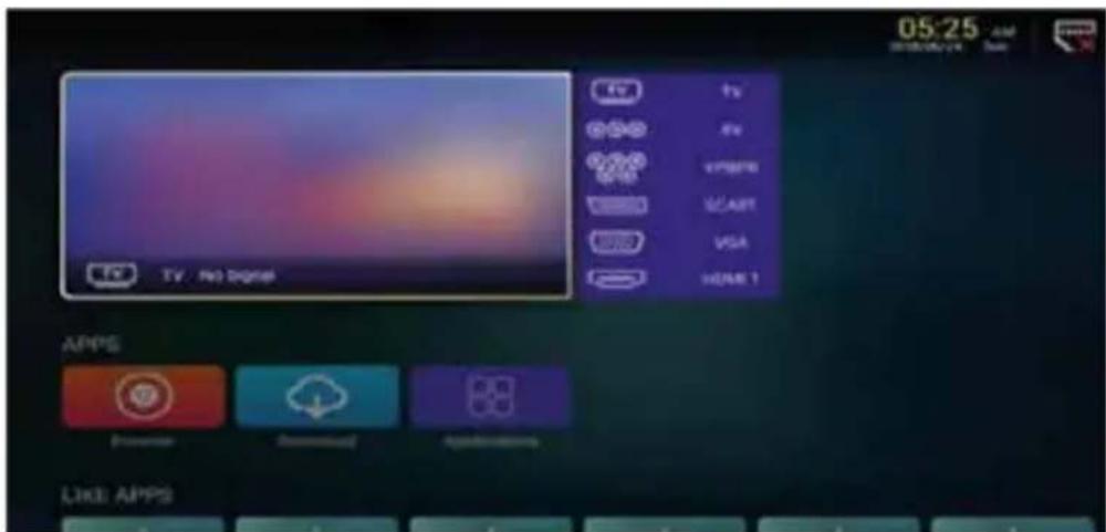 05:25 TV / no digital TV TV VR/MSR SCART VGA HOME 1 APPS Power Audio Applications LIKE APPS