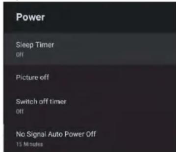 Power Sleep Timer Off Picture off Switch off timer Off No Signal Auto Power Off 15 Minutes
