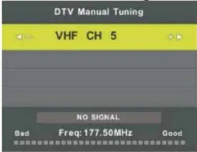 DTV Manual Tuning VHF CH 5 NO SIGNAL Bad Freq: 177.50MHz Good