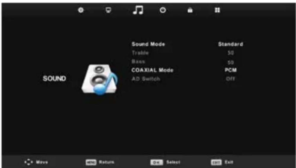 Sound Mode Sound Mode Trable 50 Bass 50 COAXIAL Mode PCM AD Switch Off SOUND Move MENU Return OK Select EXIT Exit