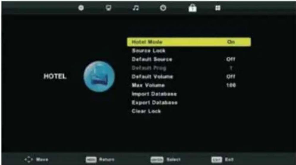 Hotel Mode On Source Lock Default Source Off Default Prog T Default Volume Off Max Volume 100 Import Database Export Database Clear Lock