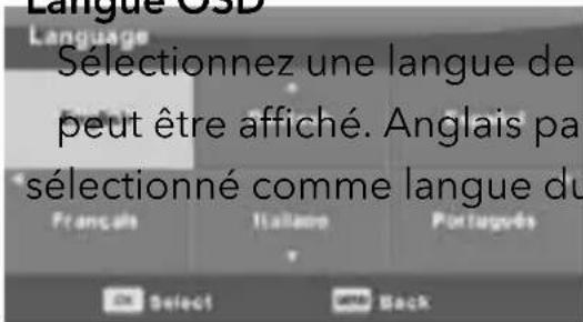 Language Sélectionnez une langue de peut être affiché. Anglais pa sélectionné comme langue du Français Italière Portugues Select Back