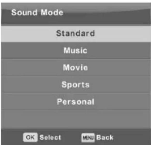 Sound Mode Standard Music Movie Sports Personal OK Select MENU Back