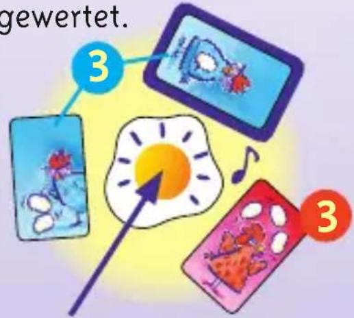 Schmidt Henrys Hennen - Bei einem Mehrheiten Gleichstand hauen alle gleichzeitig auf das Spiegelei. Wer am langsamsten ist, erhält alle bereits ausgespielten Karten unter seinen Stapel und beginnt die nächste Runde. - 1