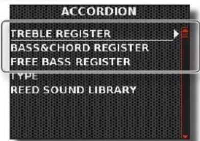 KORG Fisa Suprema - Appuyez sur le bouton [MENU/EXIT] et utilisez le bouton [DATA/ENTER] pour sélectionner l'élément de menu ACCORDION. - 1