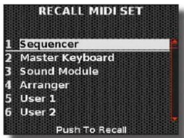 KORG Fisa Suprema - Appuyez sur le bouton [MENU/EXIT] et utilisez le bouton [DATA/ENTER] pour sélectionner la page MIDI→RECALL MIDI SET. - 1