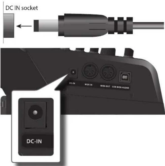 KORG Fisa Suprema - Connectez l'adaptateur CA à la prise DC IN du FISA SUPREMA. - 1