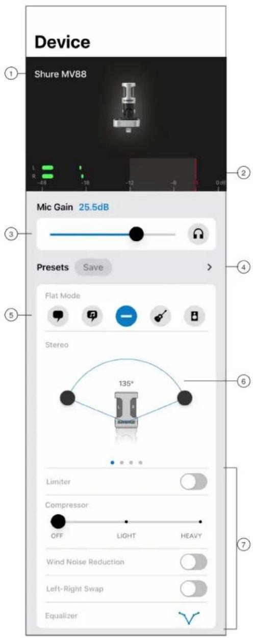 Device Shure MV88 Mic Gain 25.5dB Presets Save Flat Mode Stereo 135° Limiter Compressor OFF LIGHT HEAVY Wind Noise Reduction Left-Right Swap Equalizer