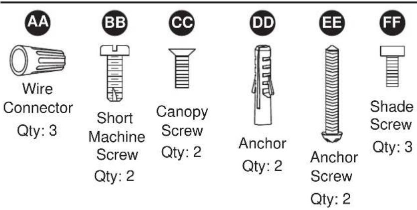 AA Wire Connector Qty: 3 BB Short Machine Screw Qty: 2 CC Canopy Screw Qty: 2 DD Anchor Qty: 2 EE Anchor Screw Qty: 2 FF Shade Screw Qty: 3