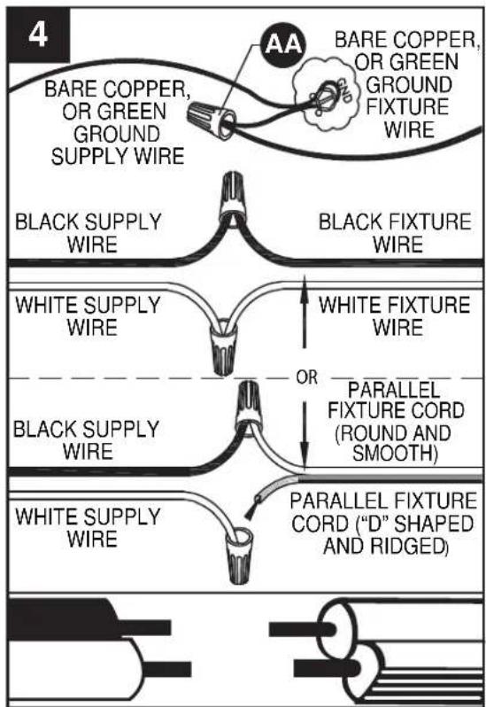 4 BARE COPPER, OR GREEN GROUND SUPPORT WIRE AA BARE COPPER, OR GREEN GROUND FIXTURE WIRE BLACK SUPPLY WIRE BLACK FIXTURE WIRE WHITE SUPPLY WIRE OR PARALLEL FIXTURE CORD (ROUND AND SMOOTH) BLACK SUPPLY WIRE WHITE SUPPLY WIRE PARALLEL FIXTURE CORD ("D" SHAPED AND RIDGED)