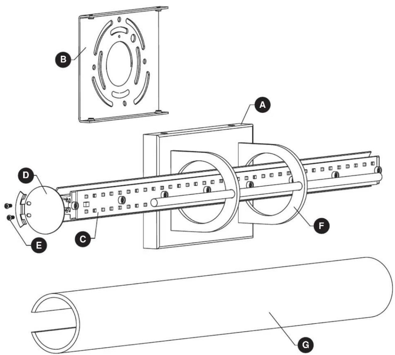 Technical diagram of a mechanical assembly with labeled components A through G, including cross-sectional views and internal components.