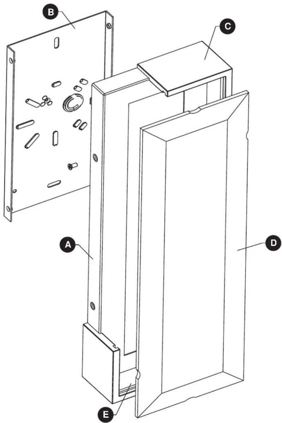 Technical diagram of a device with labeled components A, B, C, D, and E, showing internal assembly and component layout.