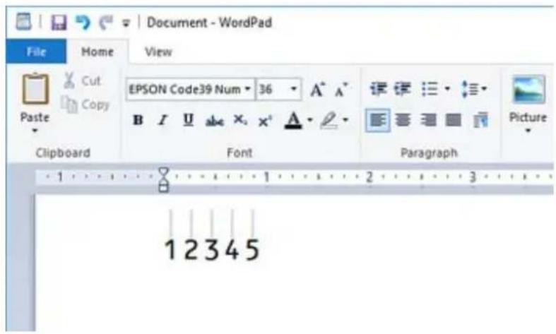 Document - WordPad File Home View EPSON Code39 Num 36 A* A* B I U abc x² A Clipboard Font Paragraph Picture 1 2 3 4 5