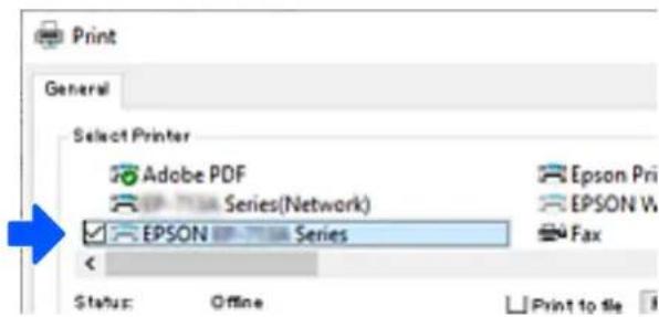 Print General Select Printer Adobe PDF Series(Network) EPSON Series Epson Pri EPSON W Fax Status: Offline Print to file