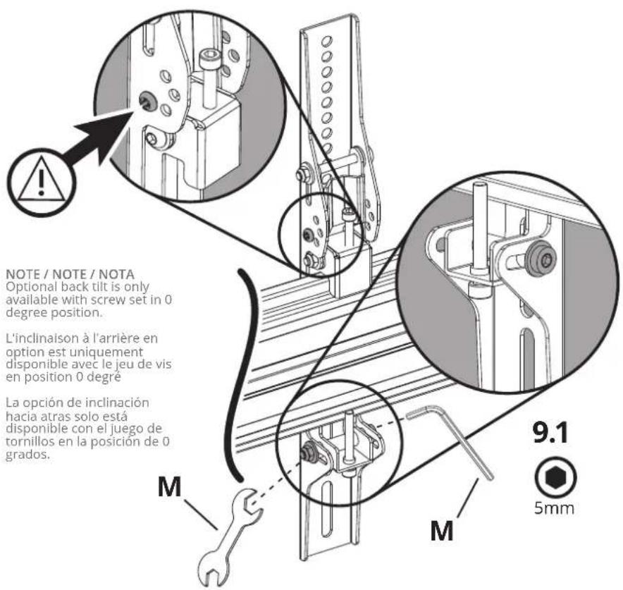 NOTE / NOTE / NOTA Optional back tilt is only available with screw set in 0 degree position. L'inclinaison à l'arrière en option est uniquement disponible avec le jeu de vis en position 0 degré La opción de inclinación hacia atras solo está disponible con el juego de tornillos en la posición de 0 gr…