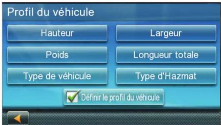 Profil du véhicule Hauteur Poids Type de véhicule Largeur Longueur totale Type d'Hazmat Définir le profil du véhicule