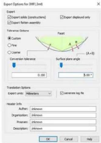 HP Jet Fusion 500 3D - Paramètres d'exportation recommandés par Solid Edge - 1
