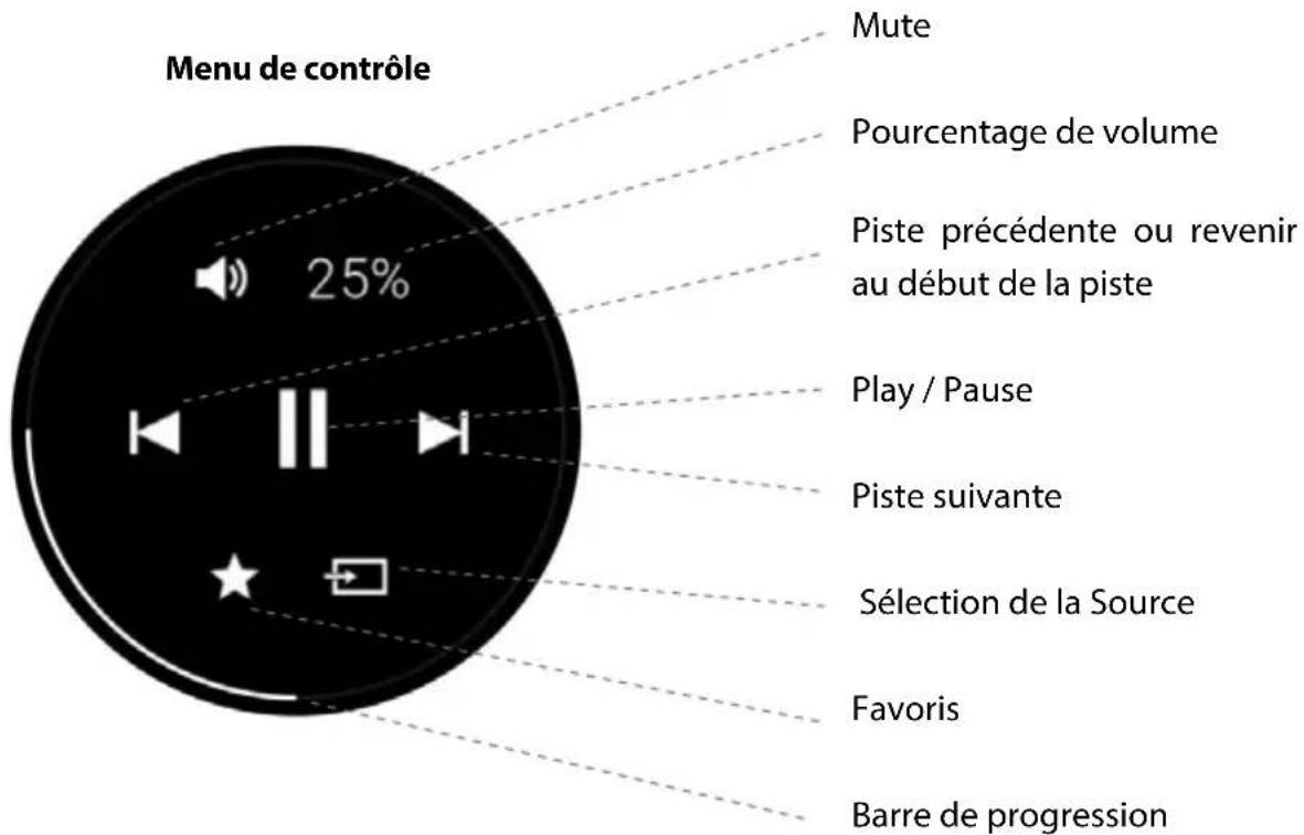Menu de contrôle 25% Mute Pourcentage de volume Piste précédente ou revenir au début de la piste Play / Pause Piste suivante Sélection de la Source Favoris Barre de progression