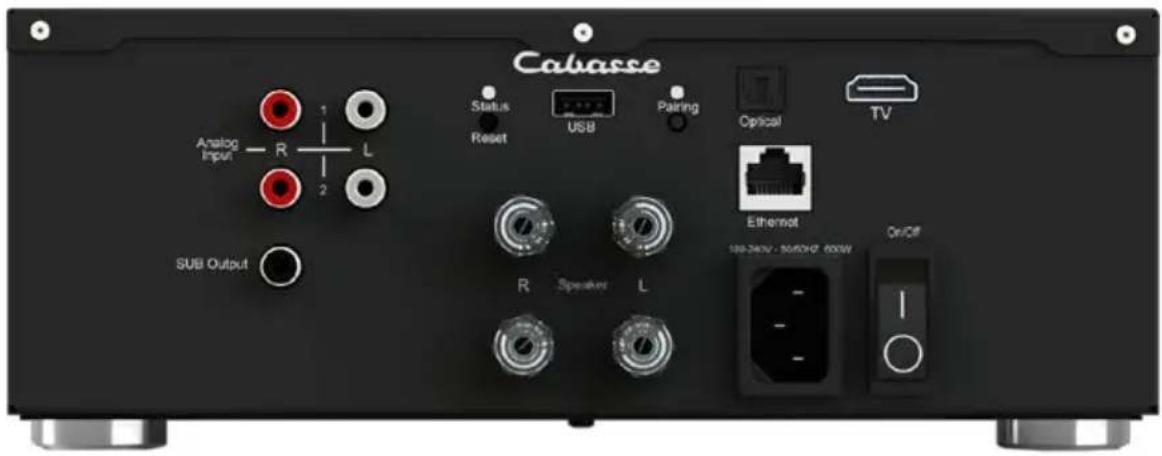 Cabasse Analog Input — R — L 1 2 Status Reset USB Pairing Optical TV SUB Output R Speaker L Ethernet 100-24W - 50/67/67 600W Op/Off