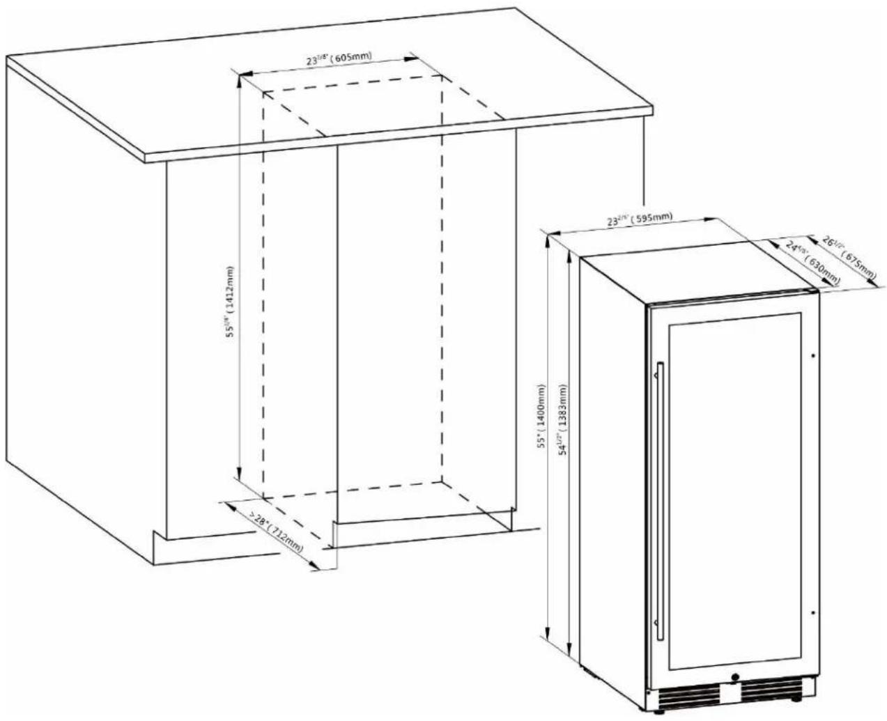 23½" (605mm) 55" (1412mm) 28" (712mm) 23½" (595mm) 55" (1400mm) 54" (1383mm) 24½" (675mm) 630mm