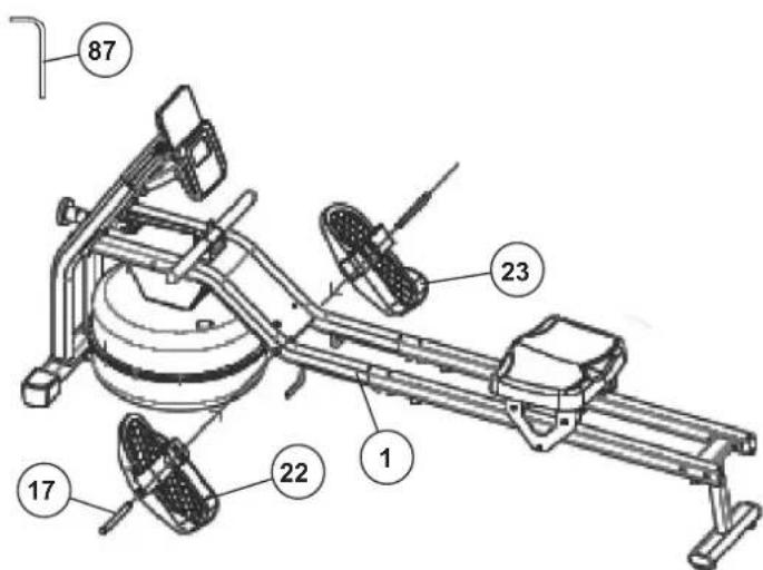 Christopeit Garda - Attach the foot pedals (22+23) at main frame (1). - 1