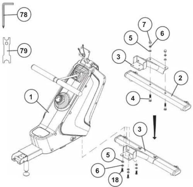 Christopeit RW 1000 - Attach the foot plates (11+12) at main frame (1). - 1