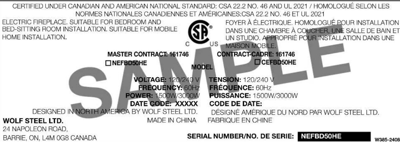 Napoleon CLEARion Elite NEFBD50HE - rating plate information - 1