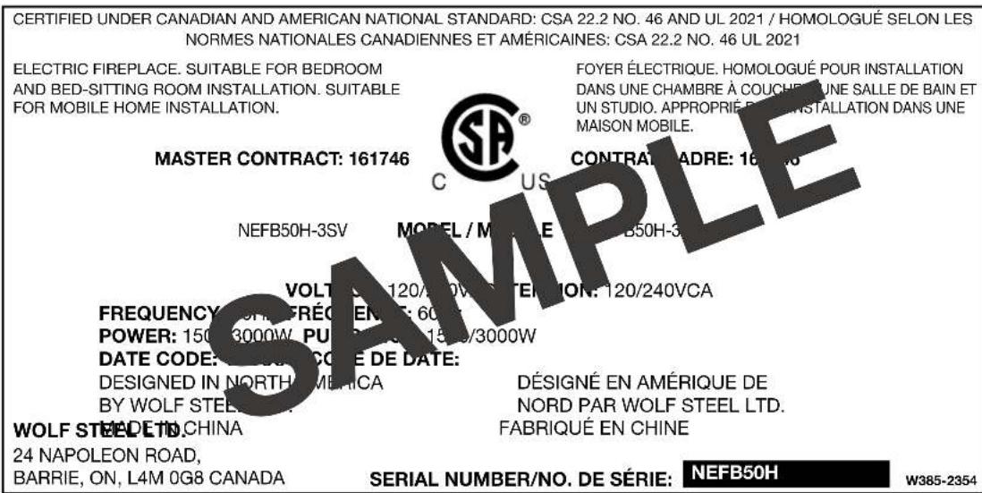 Napoleon Trivista Primis NEFB50H-3SV - rating plate information - 1