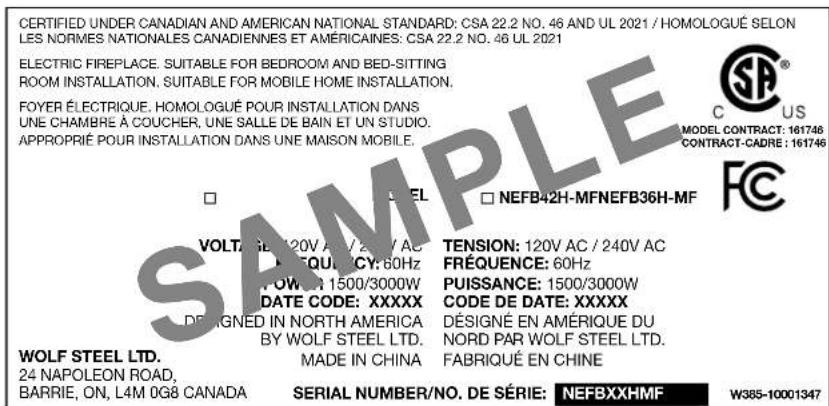 Napoleon Elevation Electric Fireplace NEFB42H-MF - rating plate information - 1