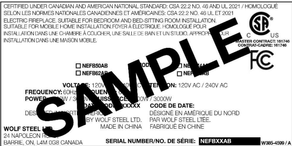 Napoleon Astound-Built In NEFB62AB - rating plate information - 1