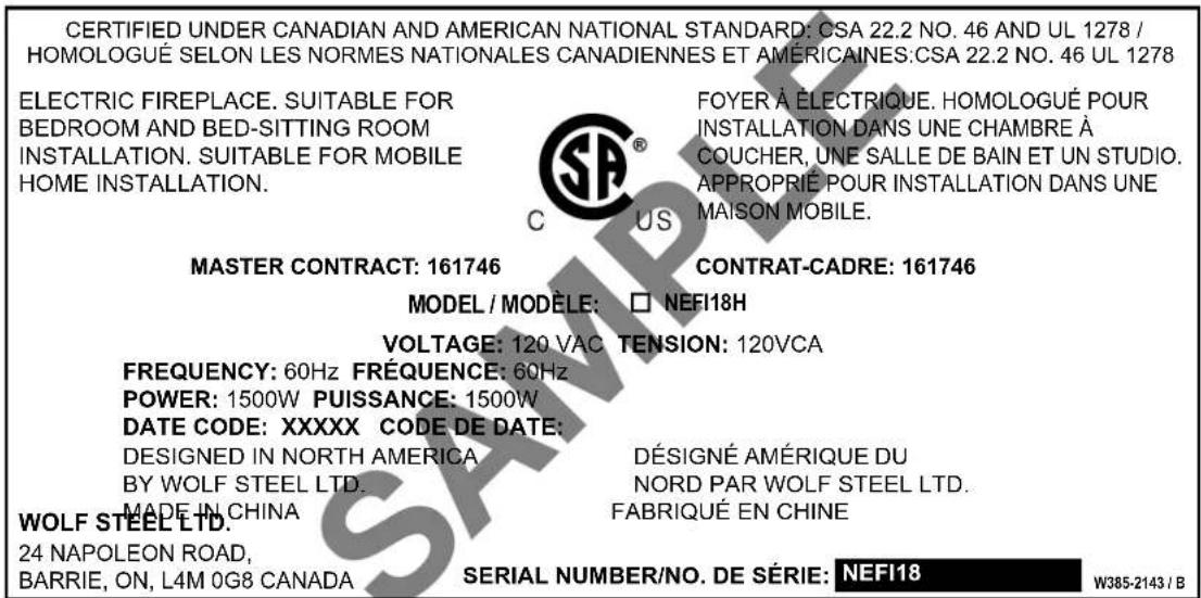 Napoleon Woodland NEFI18H - rating plate information - 1