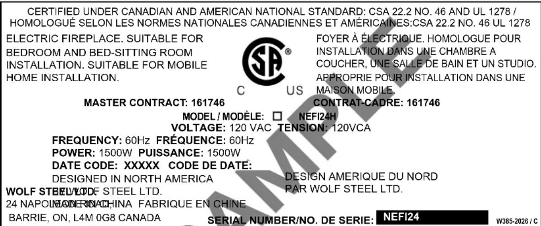 Napoleon Woodland NEFI24H - rating plate information - 1