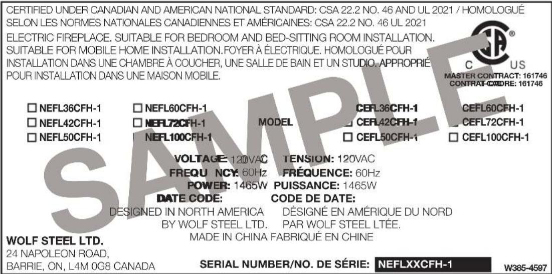 Napoleon Entice NEFL36CFH-1 - rating plate information - 1