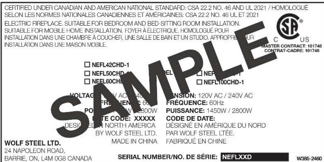 Napoleon Alluravision NEFL42CHD-1 - rating plate information - 1