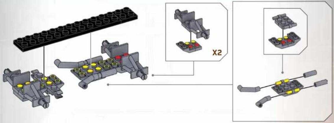 Technical diagram showing assembly of a LEGO mechanical component with labeled parts and X2 annotation