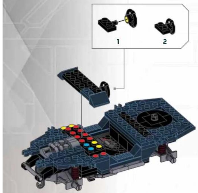 Lego assembly diagram showing component placement and assembly steps with numbered labels