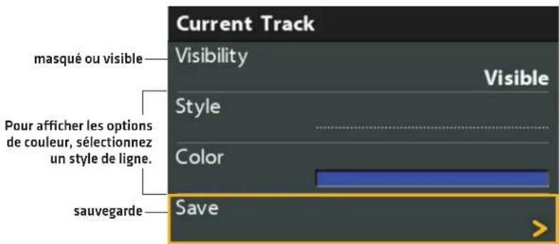 Current Track masqué ou visible Visibility Visible Style Color Pour afficher les options de couleur, sélectionnez un style de ligne. sauvegarde Save