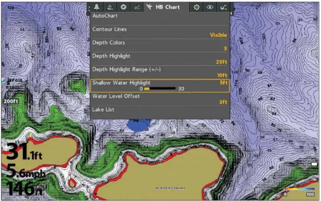 AutoChart Contour Lines Visible Depth Colors 5 Depth Highlight 25ft Depth Highlight Range (+/-) 10ft Shallow Water Highlight 5ft 0 30 Water Level Offset 3ft Lake List 31.1ft 5.6mph 146ft