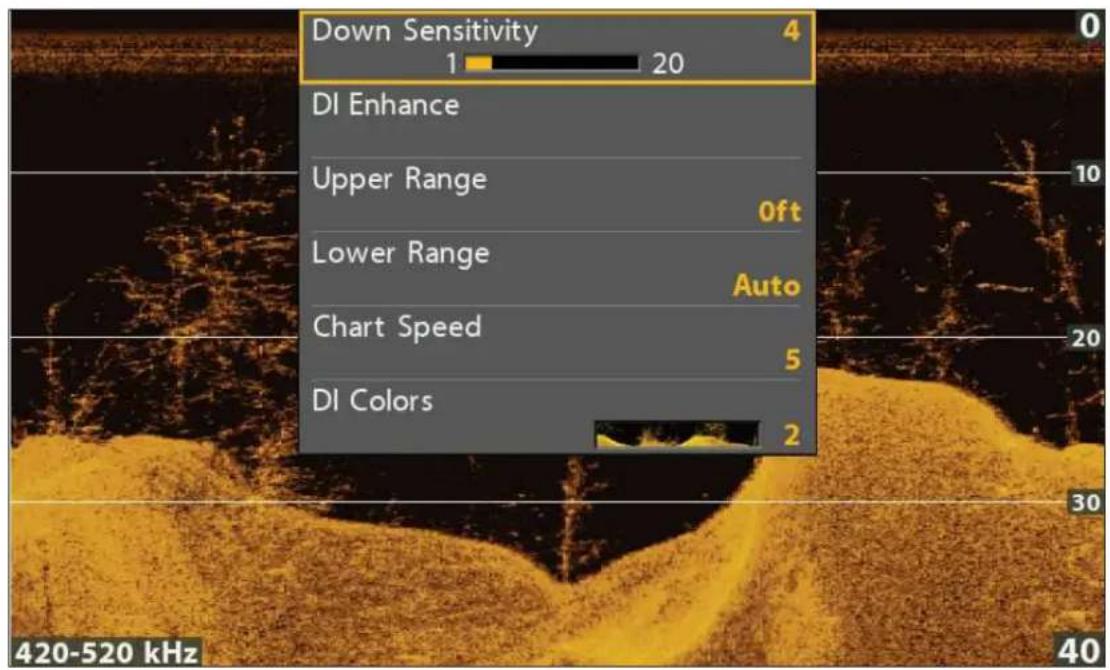 Down Sensitivity 1 20 DI Enhance Upper Range 0ft Lower Range Auto Chart Speed 5 DI Colors 2 420-520 kHz