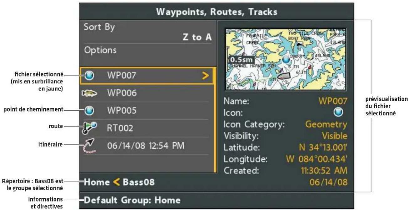 Waypoints, Routes, Tracks Sort By Z to A Options fichier sélectionné (mis en surbrillance en jaune) wp007 wp006 wp005 route RT002 itinéraire 06/14/08 12:54 PM Name: wp007 Icon: Icon Category: Geometry Visibility: Visible Latitude: N 34°13.001' Longitude: W 084°00.434' Created: 11:30:52 AM 06/14/08 prévisualisation du fichier sélectionné Répertoire : Bass08 est le groupe sélectionné informations et directives Home < Bass08 Default Group: Home