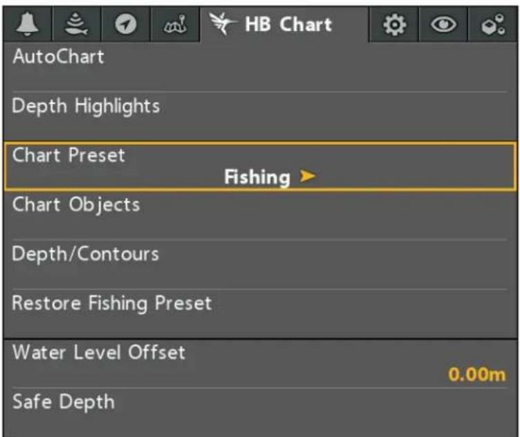 AutoChart Depth Highlights Chart Preset Fishing Chart Objects Depth/Contours Restore Fishing Preset Water Level Offset 0.00m Safe Depth
